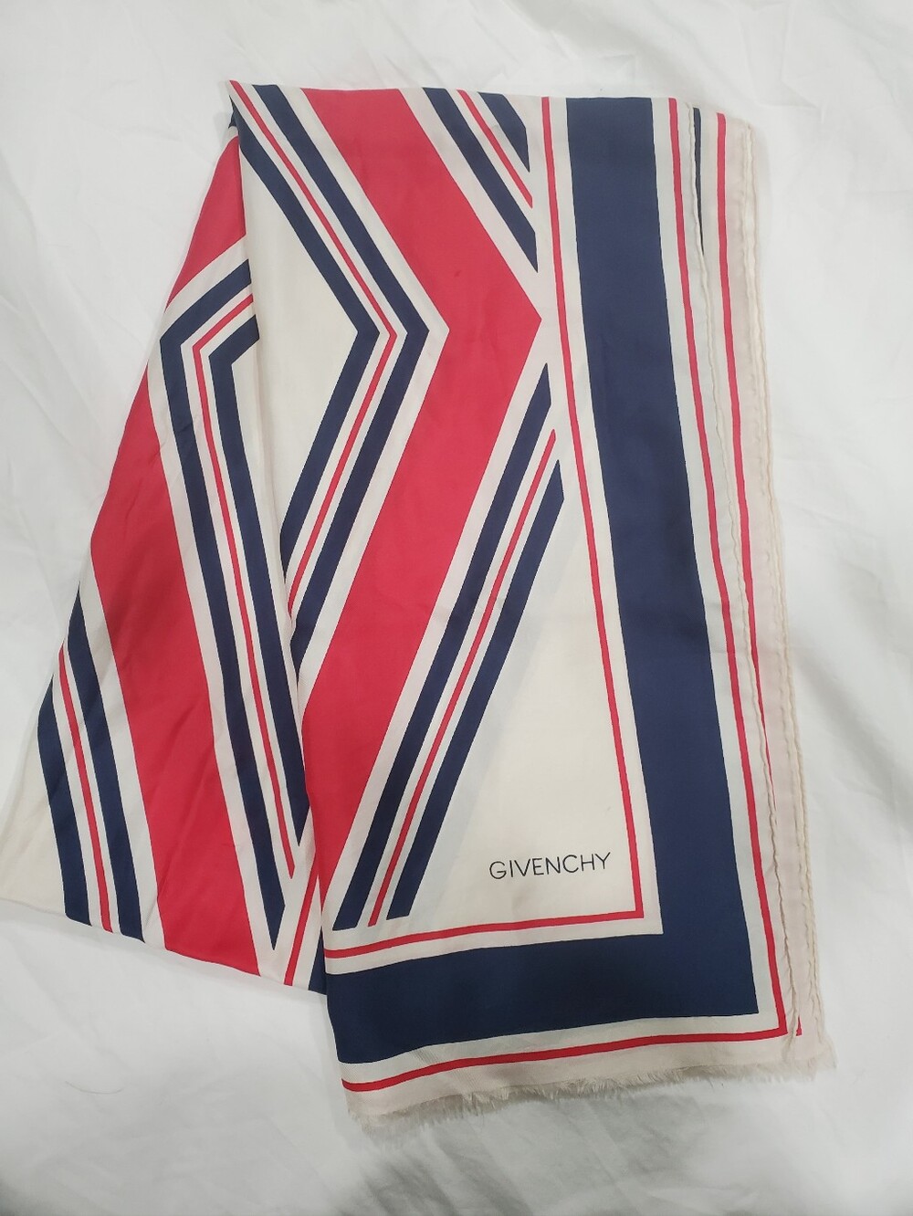Vintage Givenchy Paris Silk Scarf Made France Soie 68x17 Geometric Red Navy